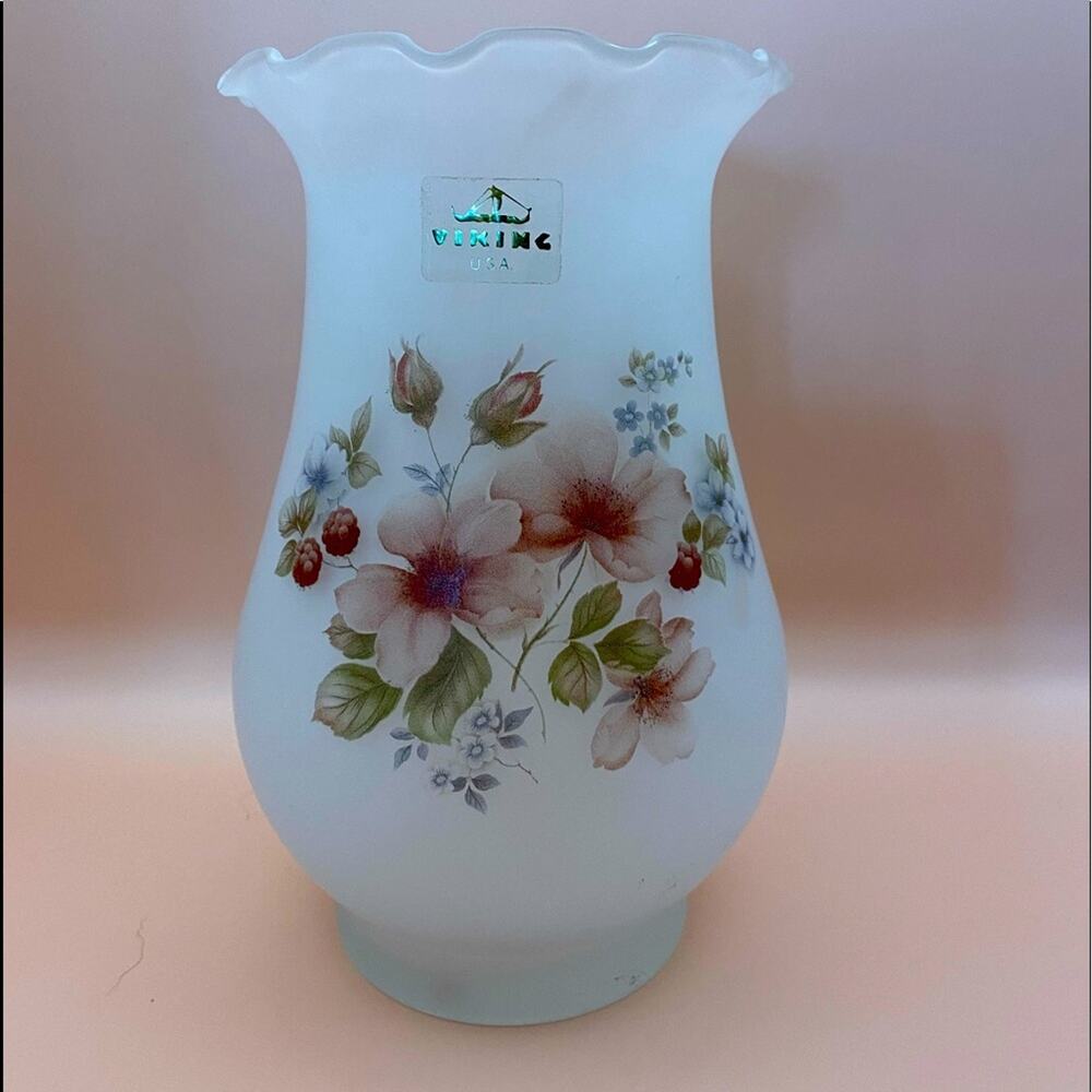 Vintage Satin Finish Floral Pink Roses Blue Flowers Marked 10" Viking Vase